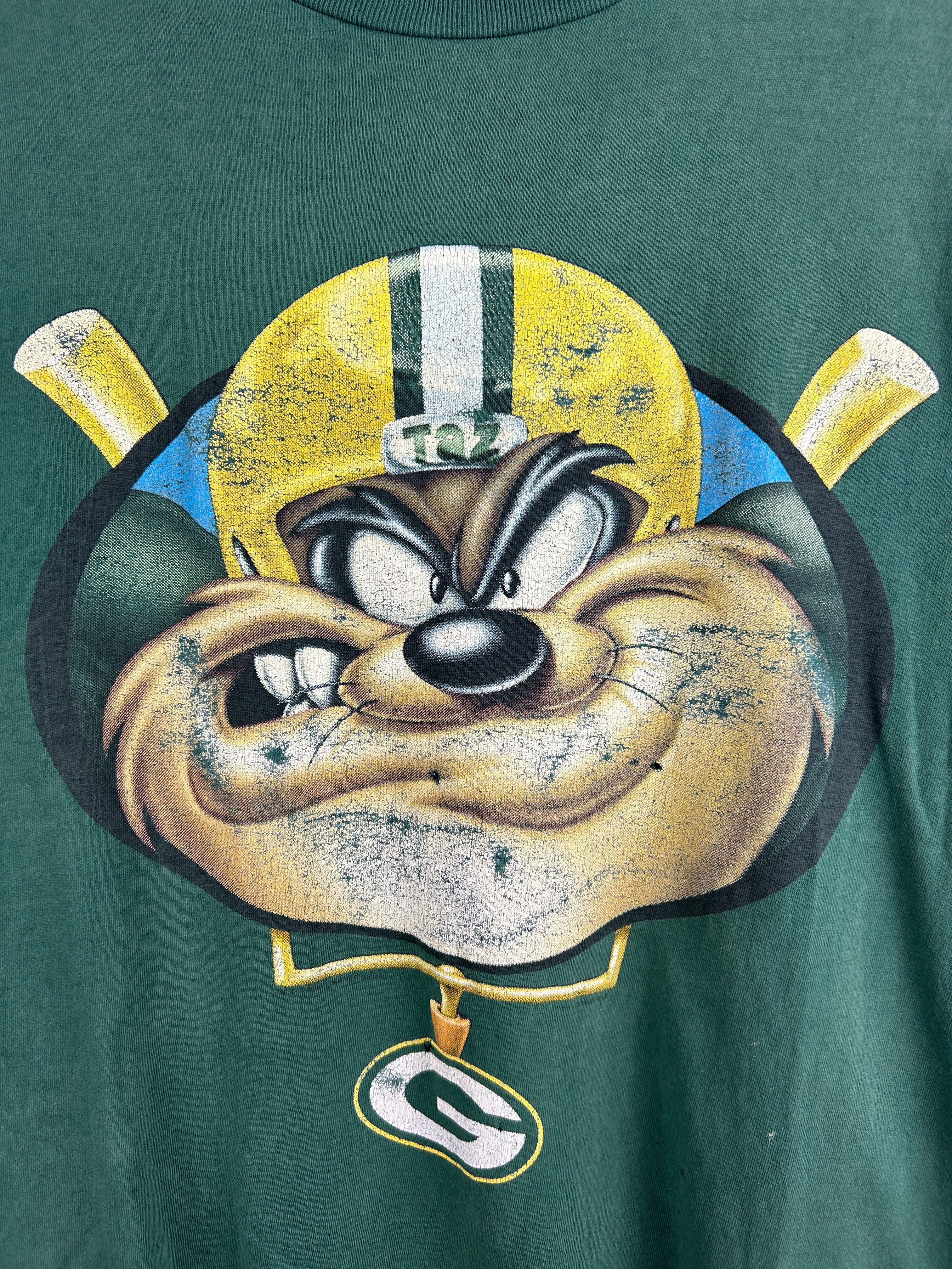 Vintage 90s NFL Green Bay Packers Looney Tunes Taz Green Tee - Image 3