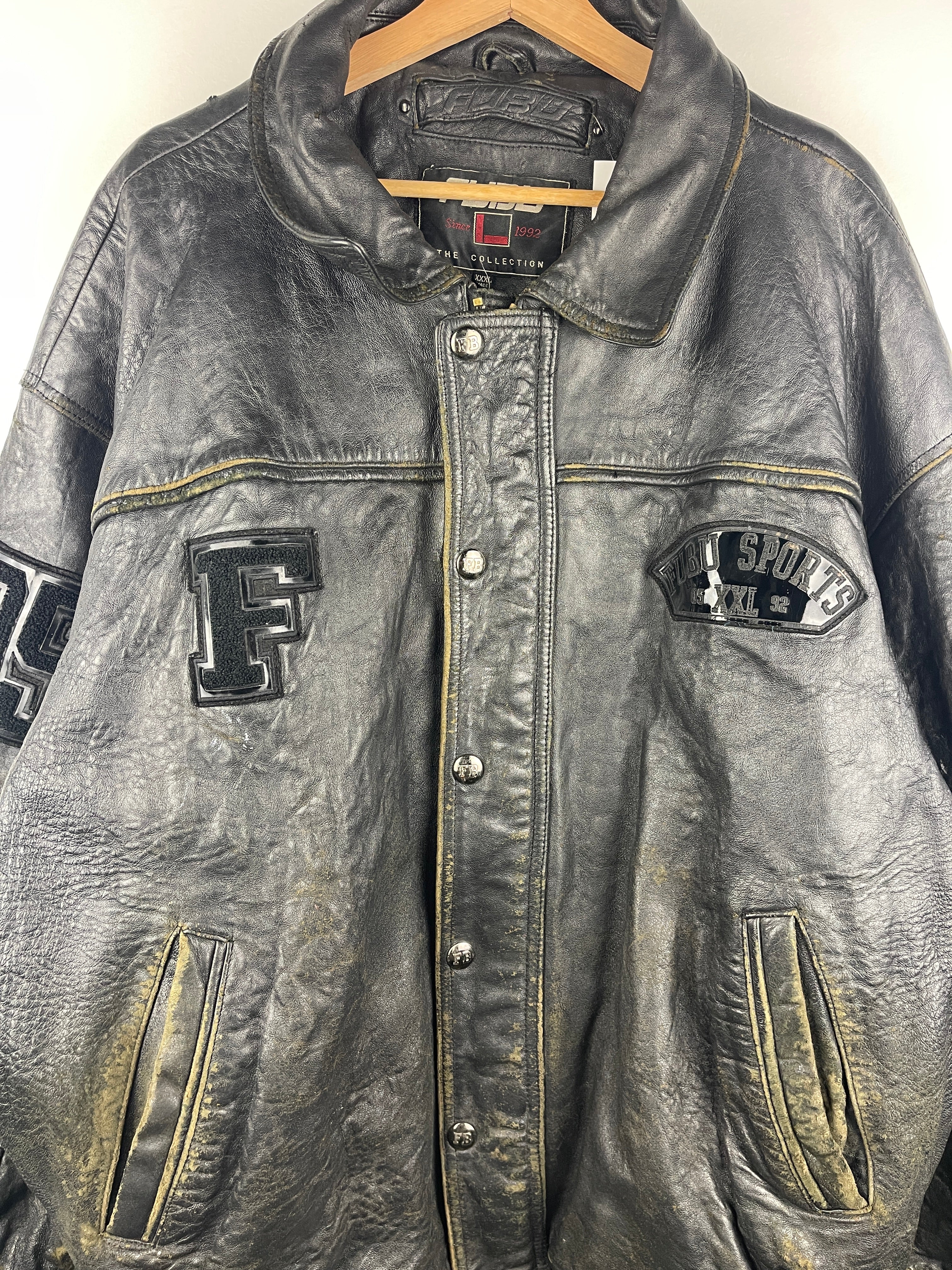 Vintage Fubu Sports Faded Black Leather Bomber Jacket - Image 3