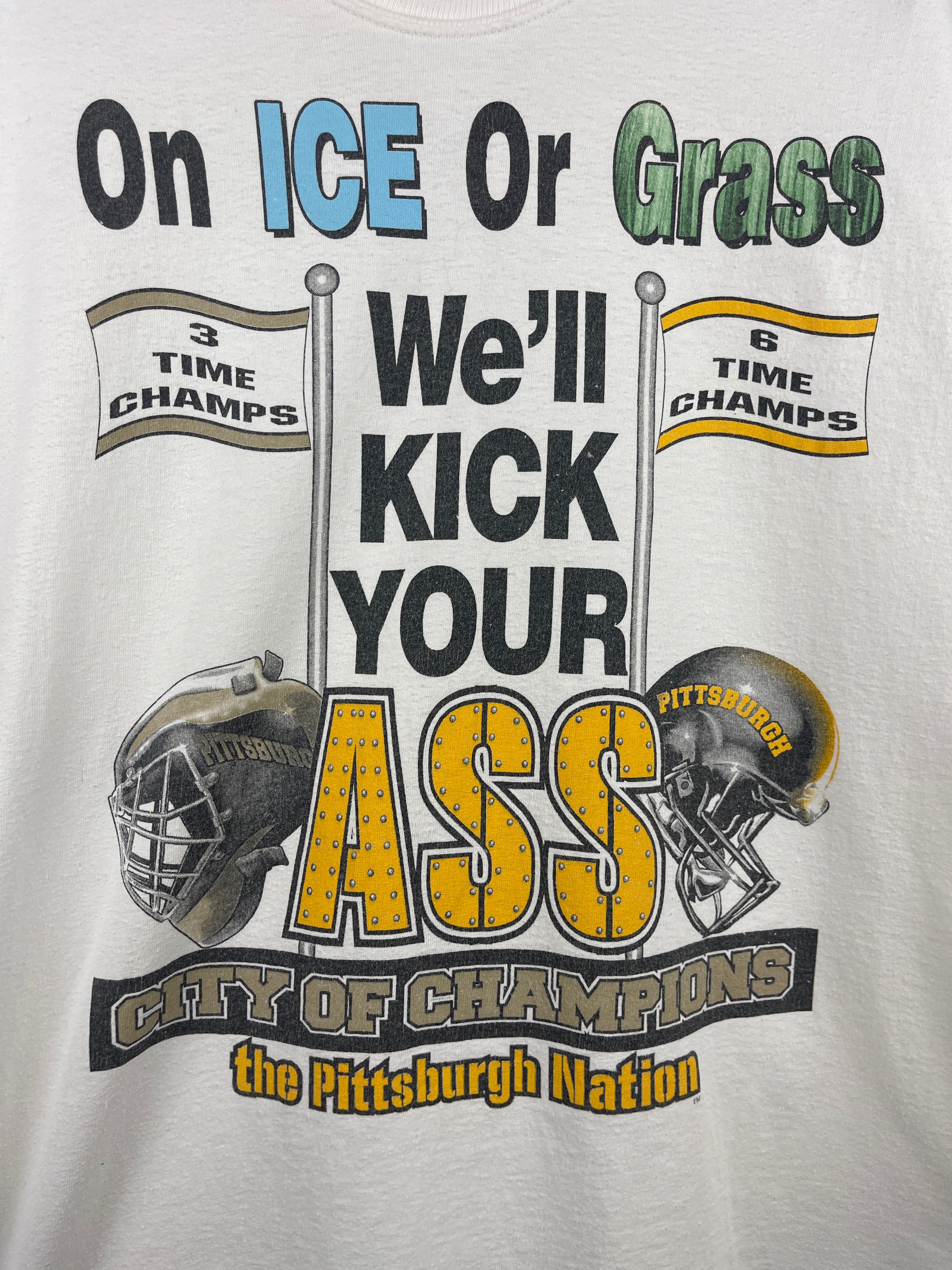 Vintage NFL NHL Pittsburgh Steelers & Penguins On Ice Or Grass White Tee - Image 3